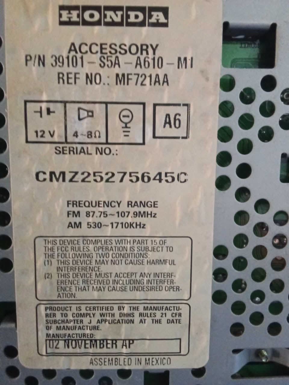 Honda radio label with P/N 39101-S5A-A610-M1 and the serial number under SERIAL NO.